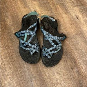 blue chacos worn